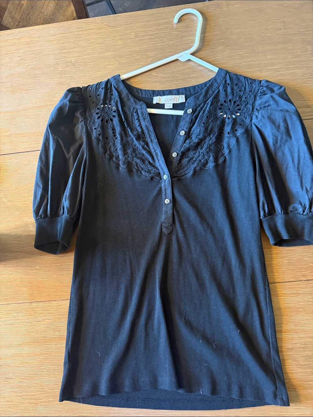 LOFT Black Eyelet Yoke Puff Sleeve Henley Blouse